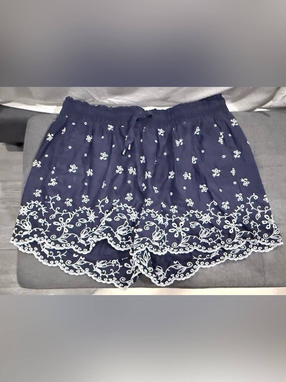 Lane Bryant Navy Blue Embroidered Scallop Hem Shorts